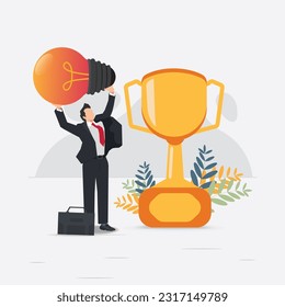 Businessman lifting light bulb with trophy. Idea for winning vector illustration