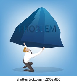 Businessman lifting up mountain (so working hard for solve problem)