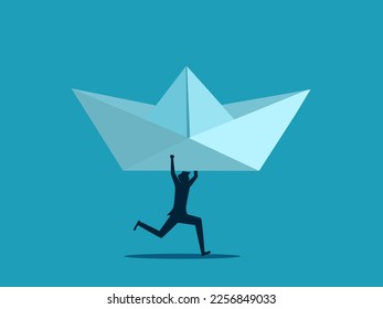 Businessman lifting a paper boat. Support business organizations. Business and investment concept. vector illustration