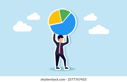 A businessman lifting a pie chart, illustration of responsibility in leading business market share