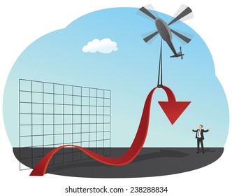 Businessman is lifting up red chart by helicopter
