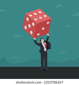 Businessman lifting the red dice. Risk and speculative business concept vector illustration