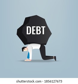 Businessman lifting rock of debt on his body concept. Business financial symbol vector illustration