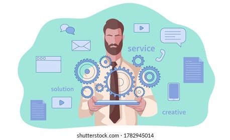 Businessman lifting a smart pad, tablet, Drawing service, solution concept with gear wheel on chalkboard, creative, strategy. Modern vector illustration 