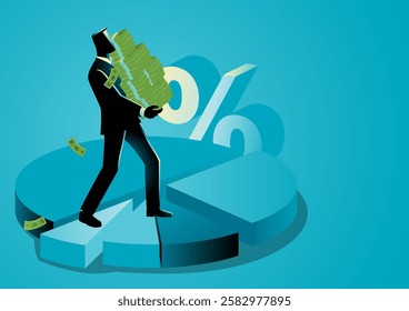 Businessman lifting a stack of money on a circular chart, representing profit sharing, dividends, and return on investment. Perfect for finance, investment, and business growth themes