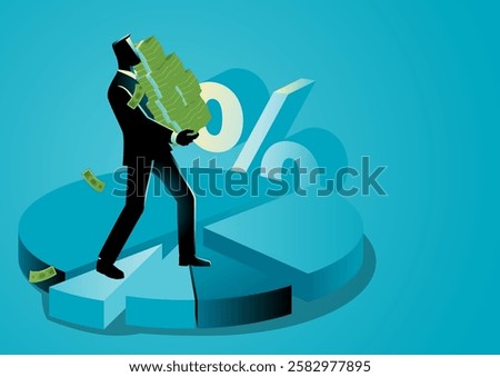 Businessman lifting a stack of money on a circular chart, representing profit sharing, dividends, and return on investment. Perfect for finance, investment, and business growth themes