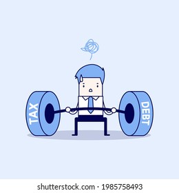 Businessman lifting tax and debt weights. Cartoon character thin line style vector.