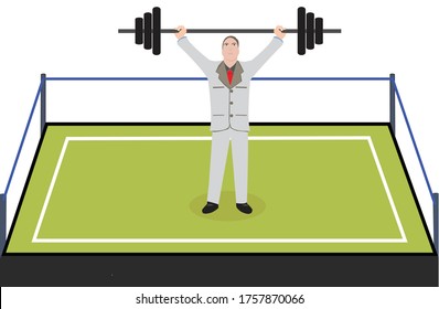 Businessman lifting weight in an arena