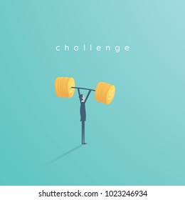 Businessman lifting weight from dollar coins vector concept. Symbol of business challenge, power, ambition and achievement. Eps10 vector illustration.