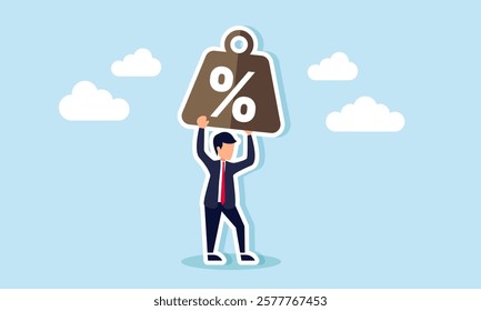 A businessman lifting a weight labeled with a percentage, illustration of responsibility in achieving high percentage profit