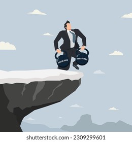 Businessman lifting weight PROBLEMS ball and PRESSURE ball on a cliff design vector illustration