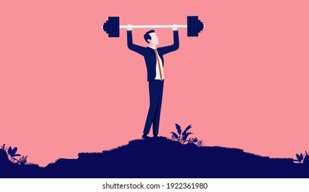 Businessman lifting weight - Strong businessperson on hill top exercising and showing off. Strength and power concept. Vector illustration.