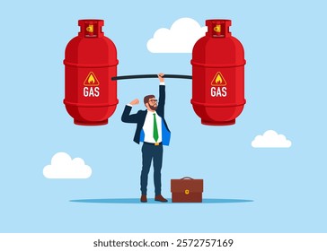 Businessman  lifting weights or carrying gas cylinder. Modern vector illustration in flat style