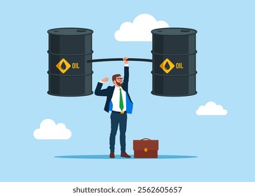 Businessman  lifting weights or carrying oil barrel. Modern vector illustration in flat style