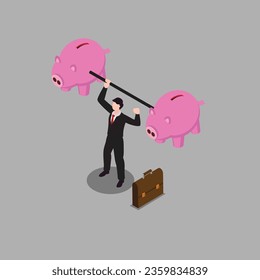 Businessman lifting weights or carrying piggy bank 3d vector illustration concept for banner, website, illustration, landing page, flyer, etc
