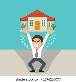 Businessman lifting weights of debt house burden over his head, illustration vector cartoon
