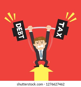 Businessman lifting weights of debt and tax over his head, illustration vector cartoon