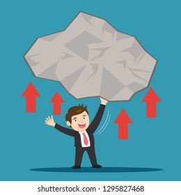 Businessman lifting weights huge stone above over his head, illustration vector cartoon