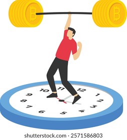 Businessman lifting weights. Investment financial literacy, investing expert, effort to earn more money. Flat modern vector illustration.
