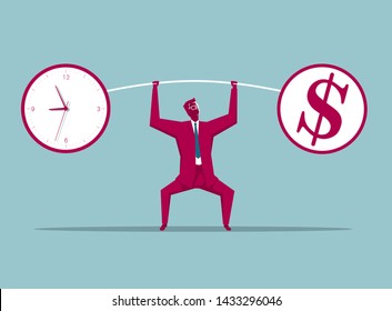 Businessman lifting weights. Isolated on blue background.