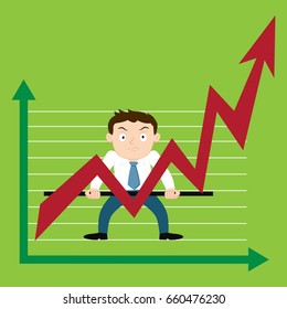 Businessman lifting weights made of arrow going up, vector illustration cartoon