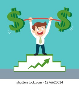 Businessman lifting weights money over his head, illustration vector cartoon