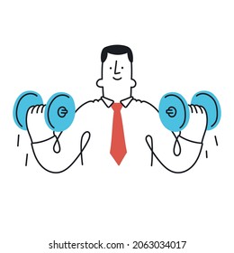 Businessman lifting weights. Outline, linear, thin line, doodle art. Simple style with editable stroke.