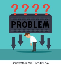 Businessman lifting weights of problem text over his head, illustration vector cartoon