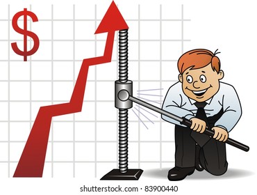 The businessman lifts an arrow by means of a hoisting