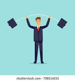 Businessman lifts a barbell. Flat design vector illustration.