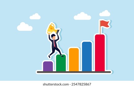 A businessman lifts and carries a trophy up a chart, illustration of the correlation between business achievement awards and business performance  