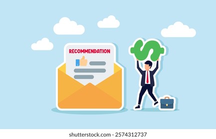 Businessman lifts a dollar sign and stands next to a recommendation letter, illustration of a recommendation for employees with strong company financial management skills