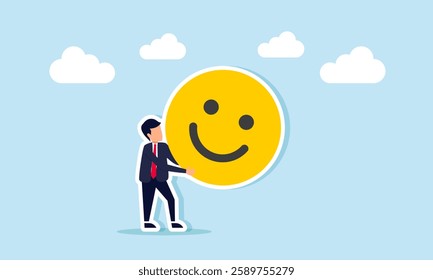 Businessman lifts a happy emoticon, illustration of gaining good attention from the market