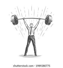 Businessman lifts up heavy barbell. Business success concept. Sketch vector illustration