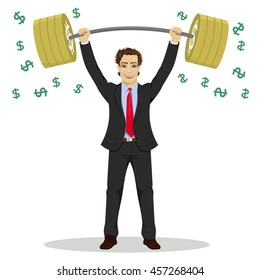 businessman lifts up heavy barbell with dollar sign. Vector illustration for business financial strength concept.