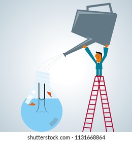 Businessman lifts the kettle,Watering the bulb,Fish is in the bulb. The background is grey.