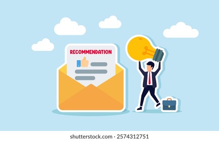 Businessman lifts a lit lamp and stands next to a recommendation letter, illustration of a recommendation for employees with great business ideas