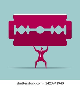 Businessman lifts the razor blade. Isolated on blue background.