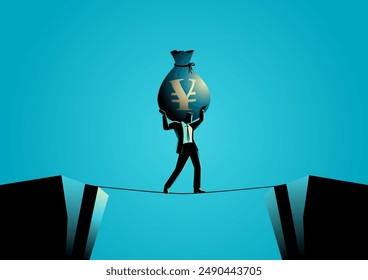 Businessman lifts a sack of money with a yen symbol across a chasm, symbolizing the economic crisis in Japan. This concept represents the struggle for financial stability and economic challenges