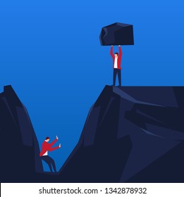 Businessman lifts a stone and throws it at the trapped companion