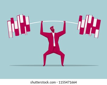 Businessman lifts weights ,barbell is made up of books. The background is blue.