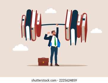 Businessman lifts weights, barbell is made up of books. Flat modern vector illustration.