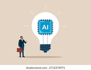Hombre de negocios con bombilla con chip de inteligencia artificial. Potenciar los negocios globales. Futura tecnología de innovación. Ilustración plana de Vector 