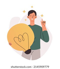 Businessman with light bulb concept. Creative entrepreneur develops ideas, solves problems and promotes company. Successful employee comes up with innovations. Cartoon flat vector illustration