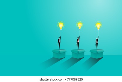 Businessman with light bulb concept idea success flying outside on the box, Concept business team illustartion vector flat