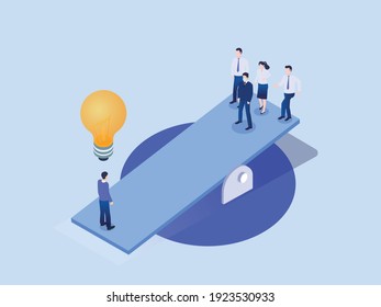 Businessman with light bulb equal to a group of business team standing on the scale