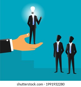 businessman with a light bulb head above a hand and two other business people under it