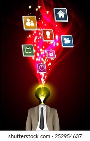 businessman light bulb head with business strategy background as concept. icon for website computer graphic technology and internet