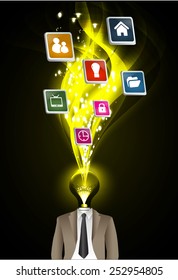 businessman light bulb head with business strategy background as concept. icon for website computer graphic technology and internet