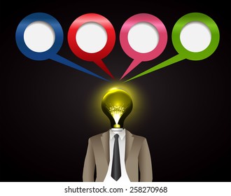 businessman light bulb head with business strategy background as concept. text box. speech bubble.